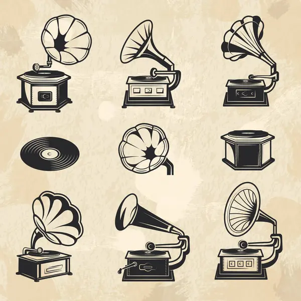 Collezione Grammofoni Vintage Radio Musica Simboli Vinile Record Vettoriale Set — Vettoriale Stock