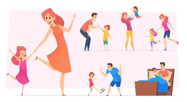 Szórakozást Gyerekek Boldog Szülők Gyerekekkel Akik Táncoló Apát Játszanak Apa — Stock Vector