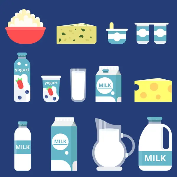 Ilustrace Různých Mléčných Výrobků Plochý Produktů Čerstvého Mléka Skleněné Láhvi — Stockový vektor