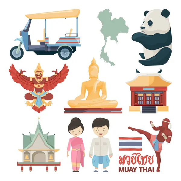 Vektorillustrationen Traditioneller Sehenswürdigkeiten Thailands Mit Muay Thai Text Reisen Und — Stockvektor