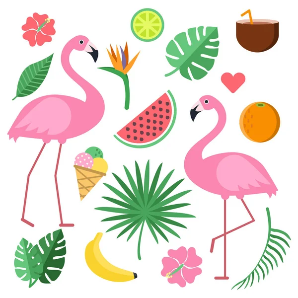 Иллюстрации Летними Символами Тропические Фрукты Цветы Векторный Апельсин Мороженое Птица — стоковый вектор