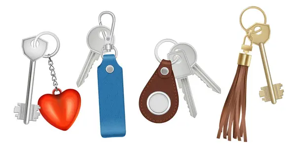 Schlüssel Schlüsselanhängern Realistische Bündel Mit Schlüsseln Schmücken Verschiedene Formen Kreis — Stockvektor