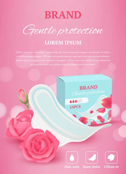 女性のタンポン広告 女性衛生製品は 現実的な毎日の慰め衛生活動ベクトルのためのプラカードソフト新鮮なパッドやタンポンを宣伝します 綿吸収生理図 — ストックベクタ