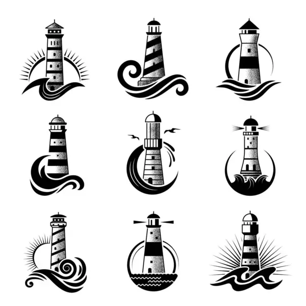 Deniz Feneri Logosu Denizcilik Sembolleri Deniz Feneri Siluetleriyle Okyanus Dalgaları — Stok Vektör