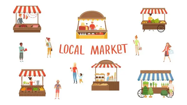 Local Market Food Festival Sellers Customers Summer Street Stalls Vector — Stock Vector