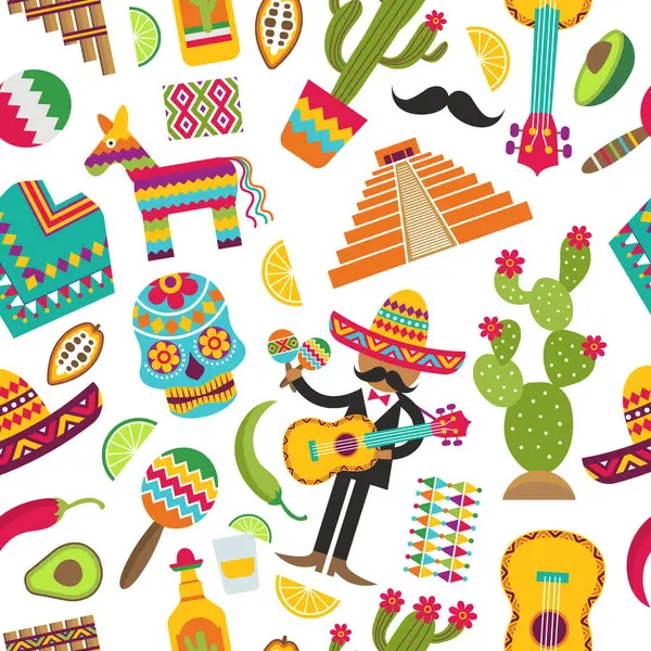 墨西哥无缝模式 各种墨西哥符号的彩色图片 矢量草帽 Guita 仙人掌和龙舌兰酒插图 — 图库矢量图片