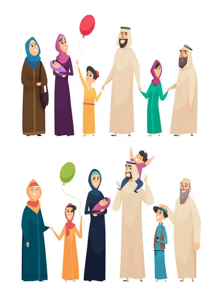 イスラム教徒の家族 大きなアラビア語幸せな家族サウジアラビアの人々父親の母親の男の子の女の子の長老ベクトル文字 アラブのイスラム教徒 父と母の夫と妻のイラスト — ストックベクタ