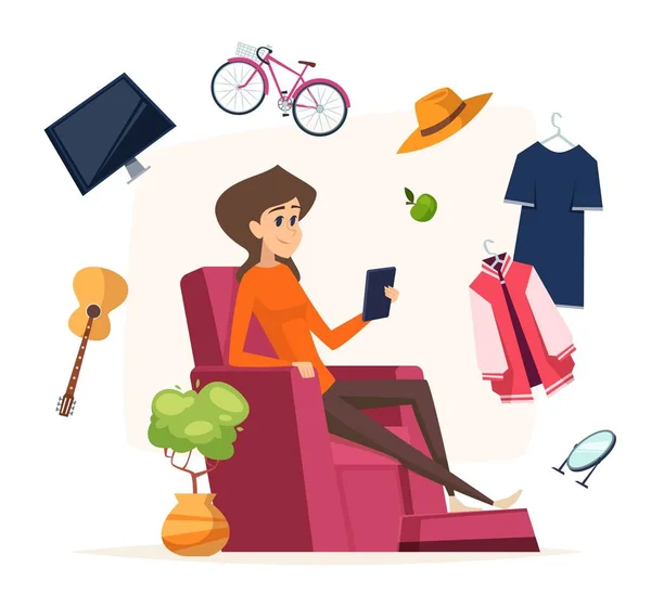Online Winkelen Vrouw Met Smartphone Koopt Verschillende Dingen Blijf Thuis — Stockvector