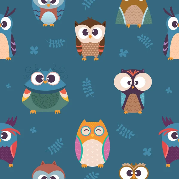 Owl Pattern Kids Seamless Wallpaper Wild Night Colored Birds Feather — Stock Vector