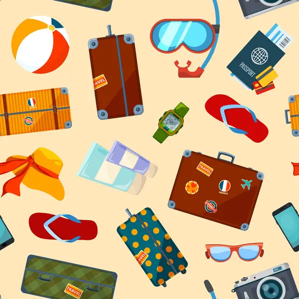 Pattern Summer Symbols Seamless Pattern Suitcase Summer Icons Travel Tourism — Stock Vector