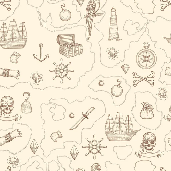 海盗地图天衣无缝航海家古董详细探险地图上有宝物和海船武器生物 向量模式 海上探险 海岛海盗宝藏图解 — 图库矢量图片