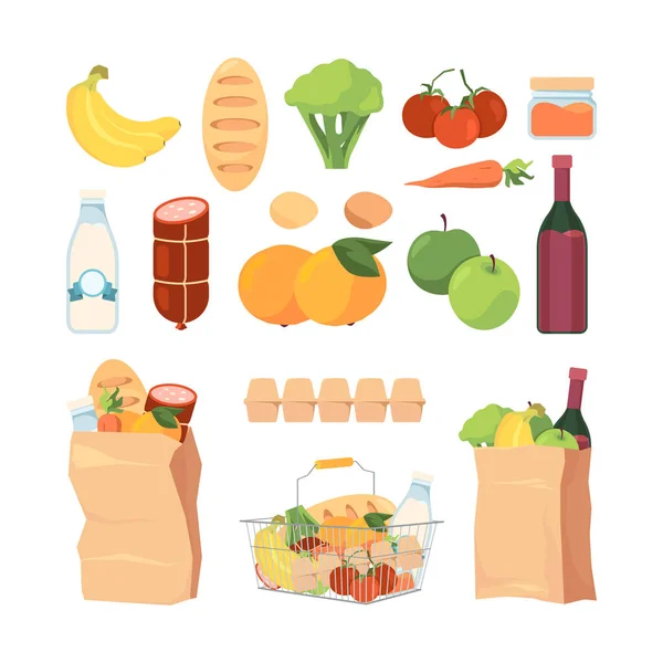 Sacs Produits Chariots Achat Avec Différents Aliments Épicerie Fruits Sains — Image vectorielle