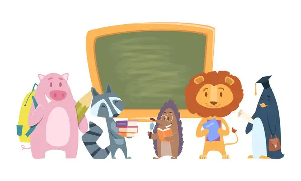 Schooldieren Terug Naar School Stripfiguren Leuke Studenten Leeuw Wasbeer Egel — Stockvector