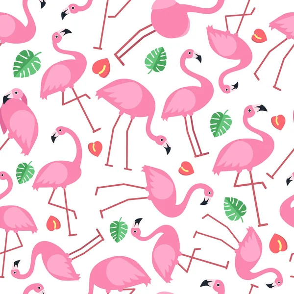 Бесшовный Узор Изображениями Розового Фламинго Тропических Цветов Тропическая Экзотика Птиц — стоковый вектор