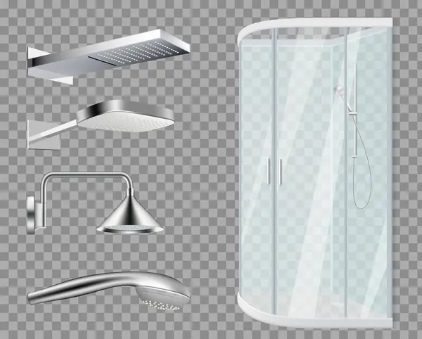 Shower Stall Shower Heads Realistic Bathroom Elements Isolated Transparent Background — Stockvector