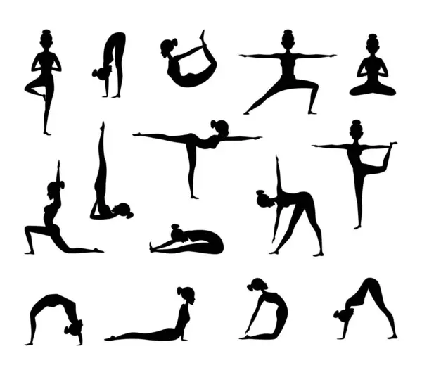 Kadın Hangi Yoga Yapmak Silüeti Spor Resimleri Vektör Koleksiyonu Siyah — Stok Vektör