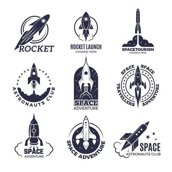 Logotipos Espaciales Rockets Flight Shuttle Moon Discovery Business Retro Badges — Vector de stock