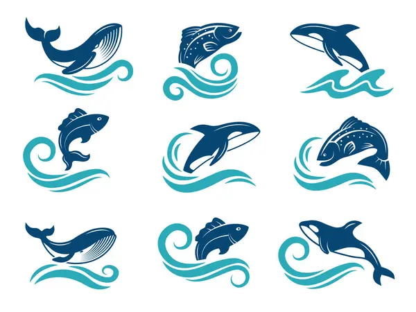 Stylizowane Zdjęcia Zwierząt Morskich Rekiny Ryby Inne Symbole Projekt Logo — Wektor stockowy