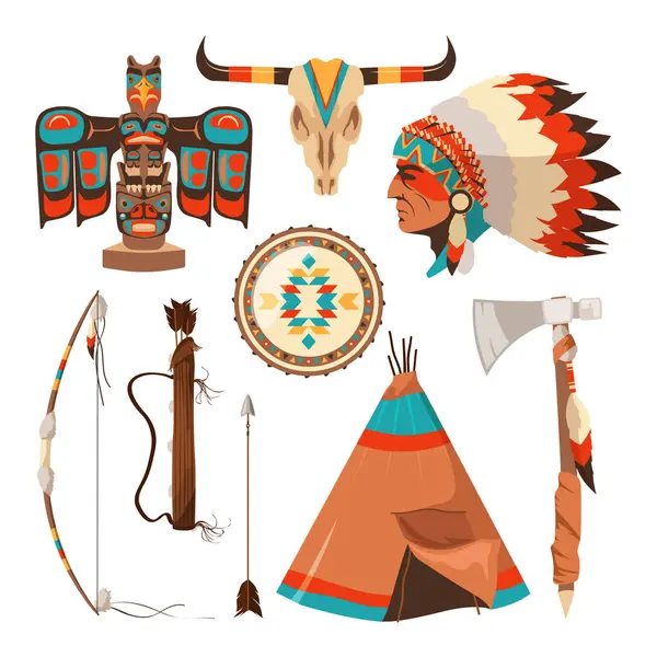 Vector Symbolen Set Van Amerikaanse Indianen Amerikaanse Inheemse Stammen Traditionele — Stockvector