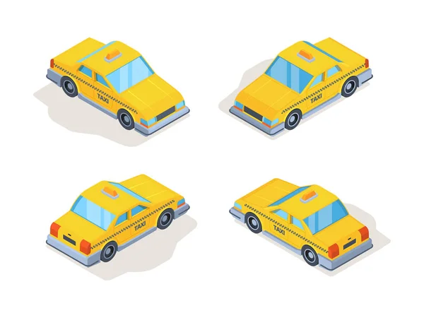 Taxiwagen Gelbe Dienstfahrzeuge Passagiermaschinen Isometrischen Verschiedenen Gesichtspunktvektor Auto Taxi Service — Stockvektor