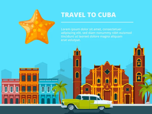 Paisagem Urbana Cuba Diferentes Símbolos Históricos Pontos Referência Viagens Turismo — Vetor de Stock