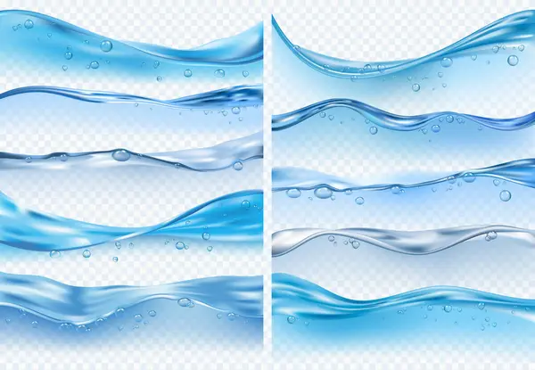 波の現実的な飛沫 泡を持つ液体水面と透明な背景に海または海のベクトルの背景を飛び散らす — ストックベクタ