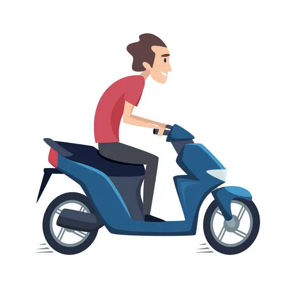 Hombre Monta Scooter Macho Impulsa Motocicleta Carácter Plano Aislado Del — Vector de stock