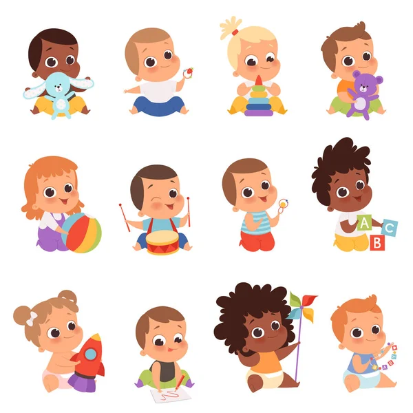 Bebek Karakterler Yeni Doğmuş Çocuklar Oyuncak Oynuyorlar Mutlu Çocukluk Küçük — Stok Vektör