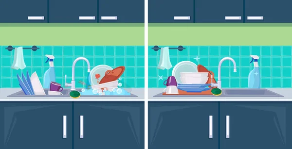 Sauberes Und Schmutziges Geschirr Spüle Mit Geschirr Zum Waschen Vektor — Stockvektor