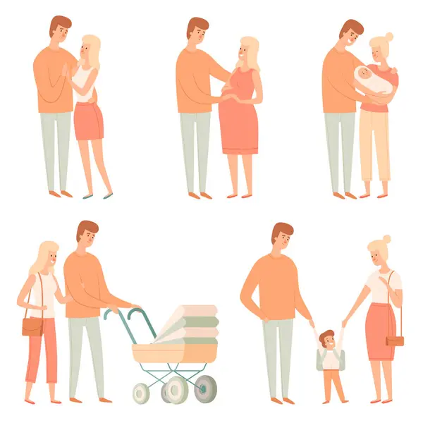 Family relation. Happy people kids other father students baby big family vector cartoon pictures. Father and mother with baby family illustraion