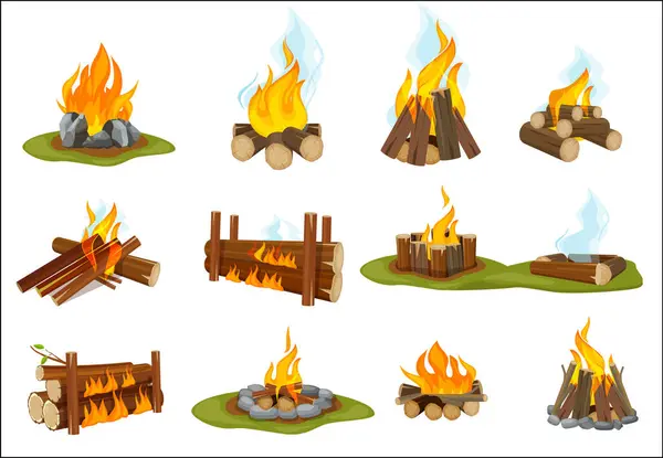 Fireplace Wooden Light Flame Burned Bonfire Smoke Campfire Vector Collection — 图库矢量图片
