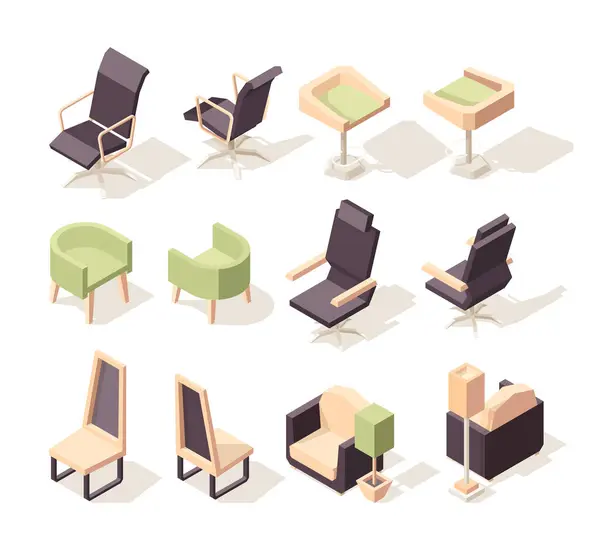 Krzesła Biurowe Nowoczesne Meble Krzesła Fotele Wektor Niski Poli Izometryczne — Wektor stockowy