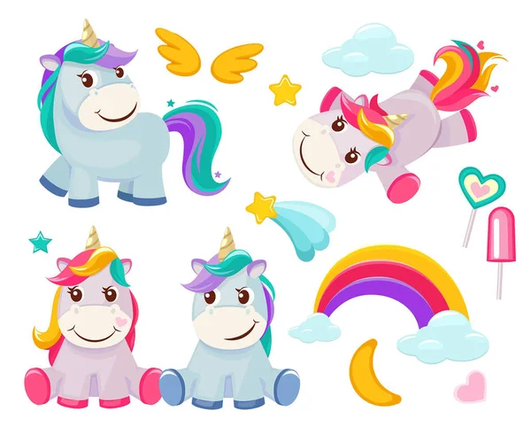 Jednorožec Roztomilá Kouzelná Zvířata Happy Birthday Symboly Malý Pony Baby — Stockový vektor