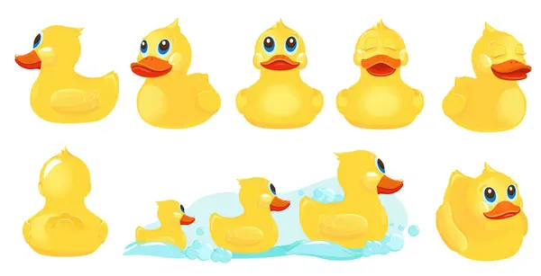 黄色的浴鸭 给孩子们的橡胶水玩具浴室游戏里有鸭子病媒可爱的角色 黄色浴鸭 水生动物玩具插图 — 图库矢量图片