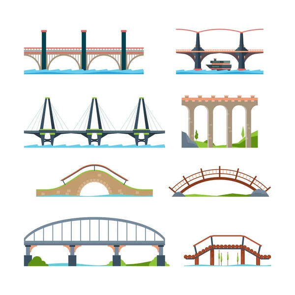 Bridges flat. Architectural urban objects bridge with column or aqueduct beam vector pictures. Illustration road building viaduct and bridge woth column