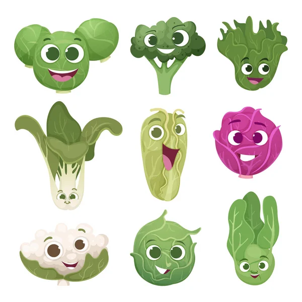 Caractères Chou Légumes Personnes Avec Des Yeux Sourire Visage Éco — Image vectorielle