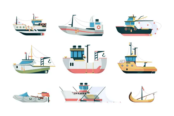 Fishing Ship Marine Sea Ocean Transport Different Fishing Sailing Boats — Stock Vector