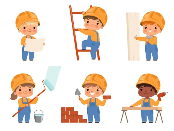 Kleine Bauarbeiter Kinder Basteln Kinder Die Gelben Helm Vektor Figuren — Stockvektor