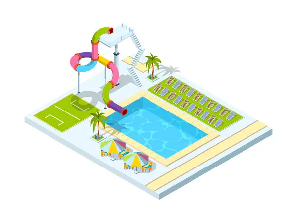 Pool hotel. Recreation area resort vacation water slide park vector isometric illustration. Resort park recreation, outdoor aqua-park