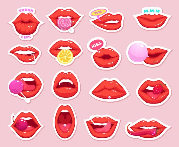 Sexy Aufkleber Retro Patch Mädchen Lippen Küssen Süßigkeiten Kirsche Vektor — Stockvektor