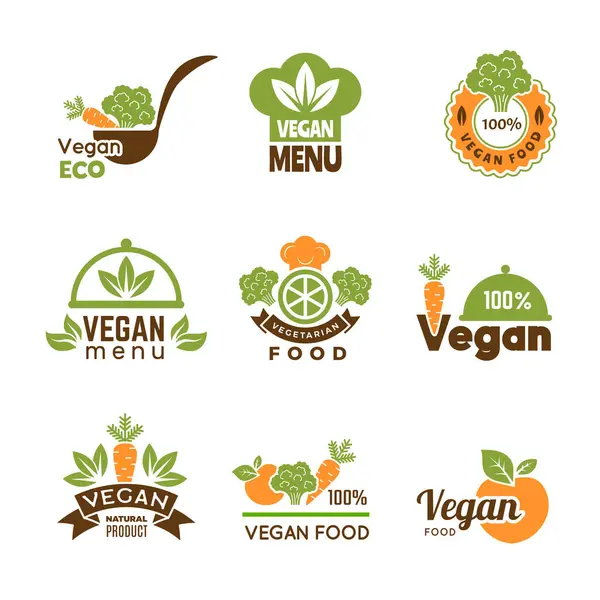 Vegan logo. Healthy food vegetarian ecology emblem natural lifestyle symbols vector collection. Illustration vegetarian food logo and emblem