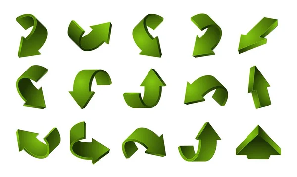 3D绿色箭头集合 在白色背景上分离的向量回收箭头 说明性箭头循环利用 绿色循环利用生态 弯曲运动 — 图库矢量图片