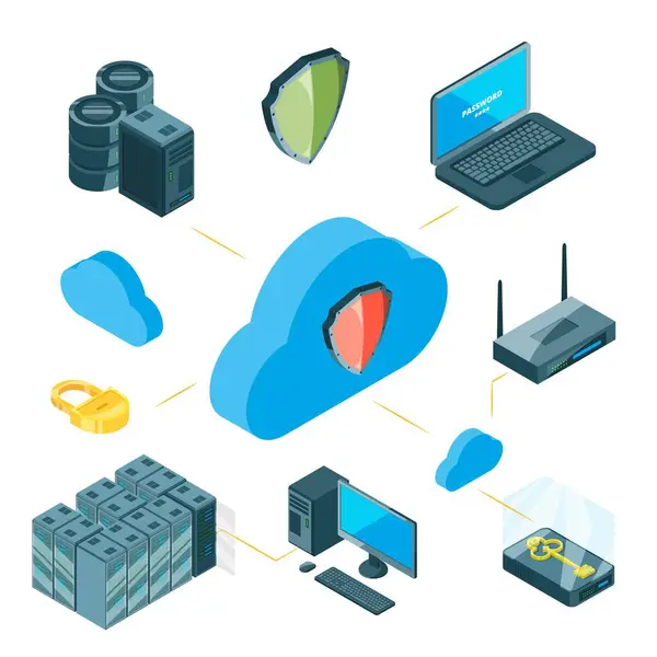 数据保护向量概念 等轴测云存储信息图 插图安全数据中心 数字连接网络安全 — 图库矢量图片