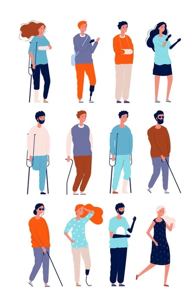 禁用的字符 坐在轮椅上和拐杖上的不健康的人向量插图 医疗残疾人员与康复事故 — 图库矢量图片