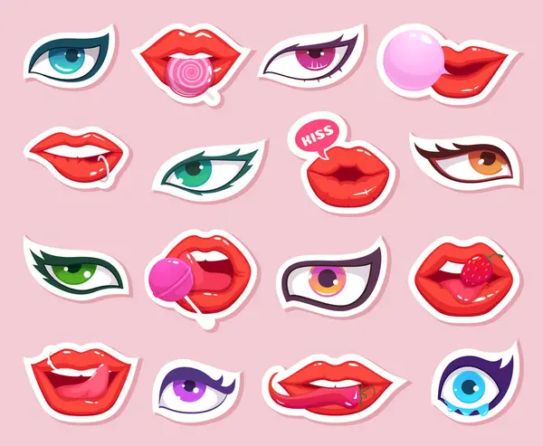 Modenaufkleber Sexy Frau Lippen Mit Süßigkeiten Und Augen Comics Lächelnden — Stockvektor