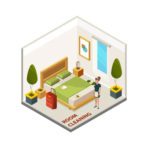 Hotel Room Cleaning Isometric Cleaning Service Vector Maid Hotel Room — Stock Vector