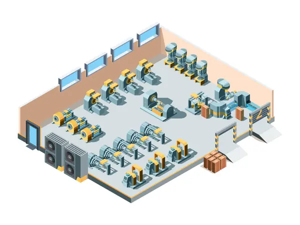 Construção Industrial Fábrica Isométrica Produção Interior Máquinas Aço Pesado Mecânico — Vetor de Stock