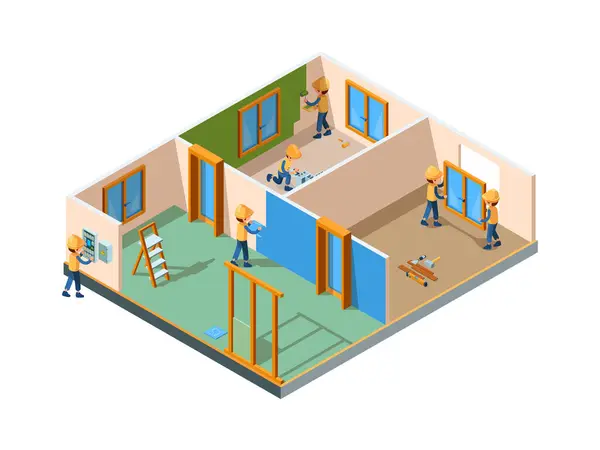 Wohnungsrenovierung Stufen Zimmer Innenrenovierung Farbe Wandböden Neubau Bauarbeiter Arbeitsgeräte Vektor — Stockvektor