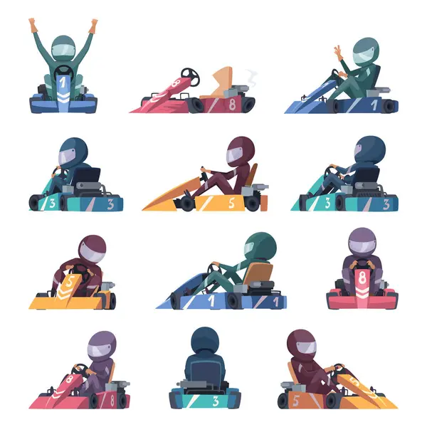 Coches Karting Corredores Rápidos Velocidad Máquinas Karting Ilustración Dibujos Animados — Vector de stock