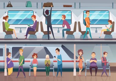 Metro. İnsanlar kentsel metro yeraltı platformu vektör arka plan tren bekliyor. Tren büyükşehir yolcu ile, illüstrasyon içinde banliyö